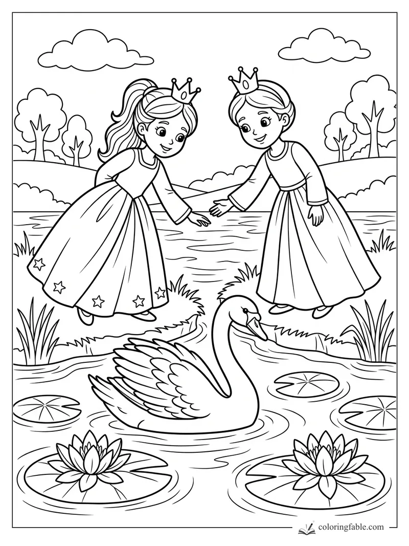 Two cartoon princesses in crowns lean toward a swan among lily pads and water lilies.