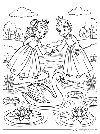 Two cartoon princesses in crowns lean toward a swan among lily pads and water lilies.