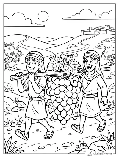 Two Bible scouts carry a giant bunch of grapes on a pole toward a walled city.