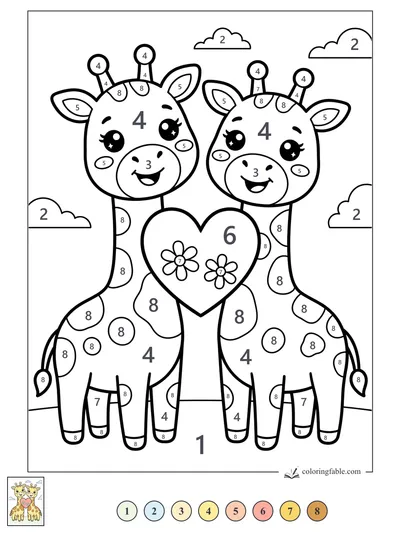 Two Smiling Giraffes With a Flower Heart — color by number