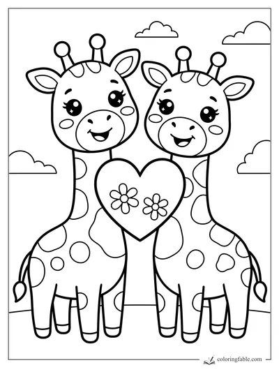 Kawaii coloring page of two smiling giraffes holding a heart with flowers under small clouds.