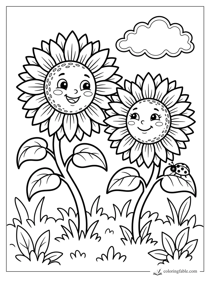 Cartoon coloring page of two smiling sunflowers, leafy stems, grass, a cloud, and a ladybug on a leaf.