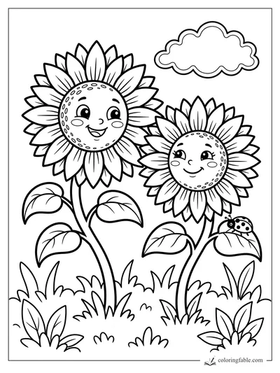 Cartoon coloring page of two smiling sunflowers, leafy stems, grass, a cloud, and a ladybug on a leaf.