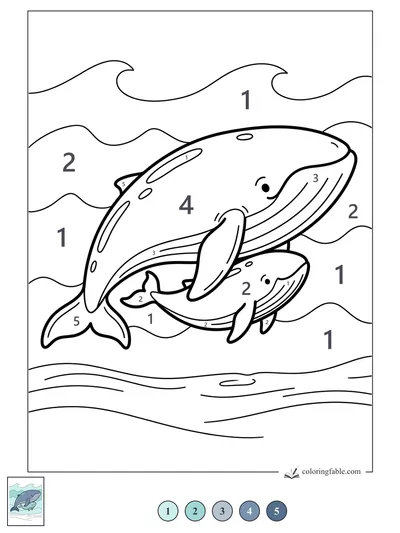 Two Smiling Whales Beneath Rolling Waves — color by number