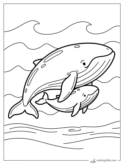 Cartoon adult and baby whale swimming together under rolling ocean waves