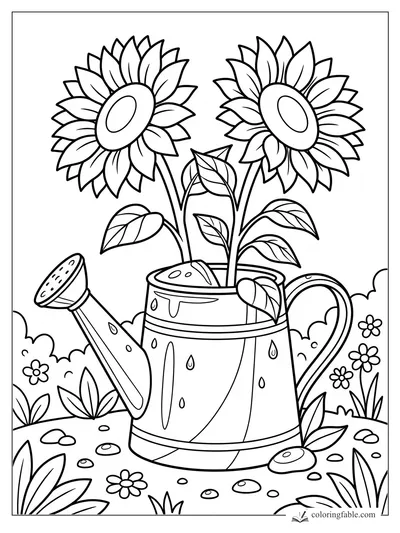 Easy sunflower coloring page with two blooms growing from a watering can in a garden.