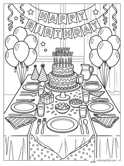 Realistic birthday table with two-tier cake, candles, banner, balloons, plates, hats, cups, and snacks