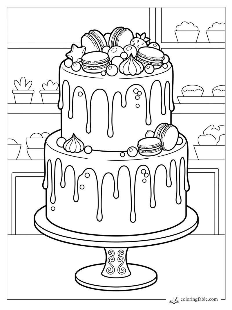 Two-tier drip cake coloring page with macarons, berries, meringues, and bakery shelves