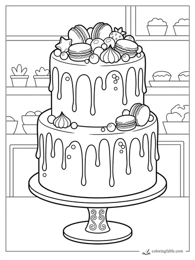 Two-tier drip cake coloring page with macarons, berries, meringues, and bakery shelves