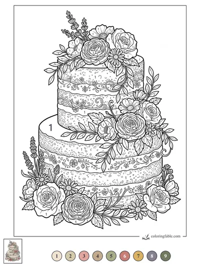 Two-Tier Floral Cake with Roses and Daisies — color by number