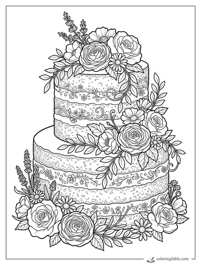 Intricate two-tier floral cake coloring page with roses, daisies, leafy sprays, vines, and textured cake layers.