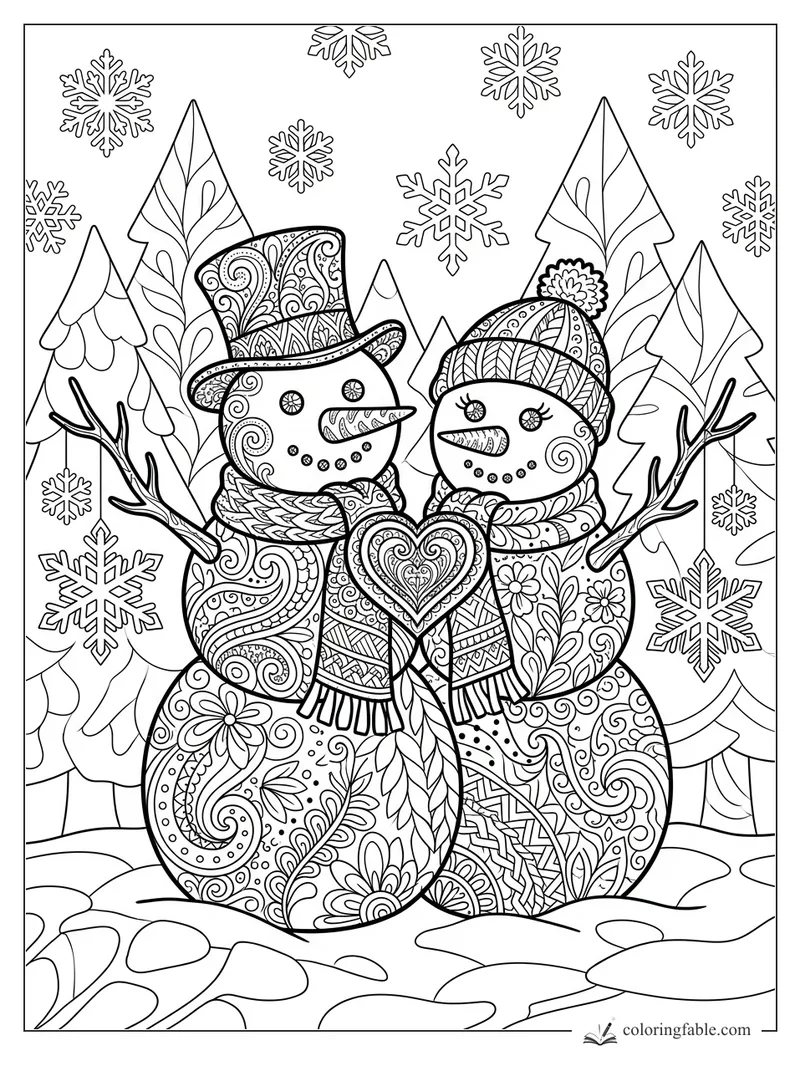 Intricate zentangle snowman couple with top hat, knit cap, heart ornament, snowflakes, and pine trees