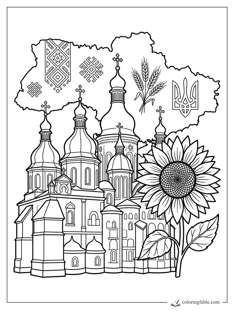 Ukraine outline with domed churches, sunflower, wheat, trident, and folk embroidery patterns