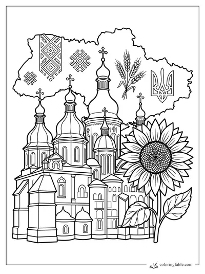 Ukraine outline with domed churches, sunflower, wheat, trident, and folk embroidery patterns