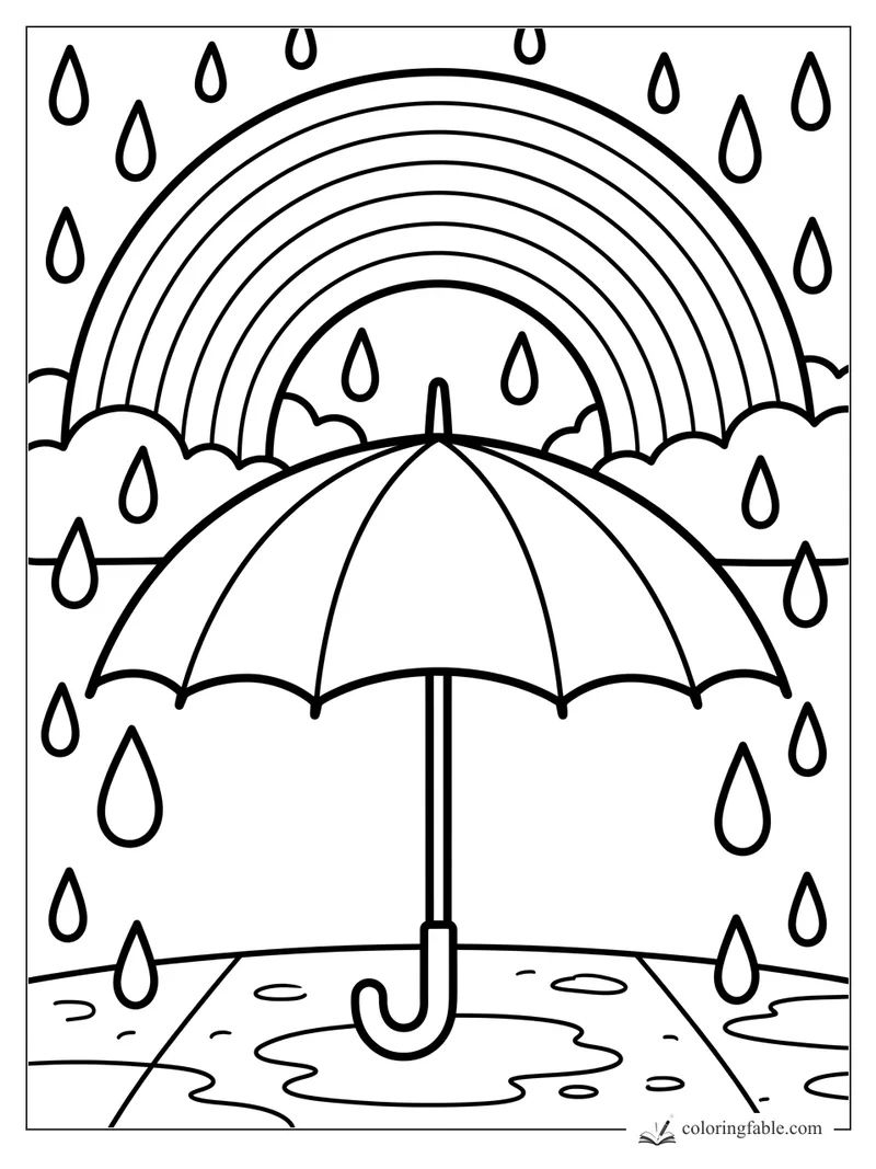 Easy rainbow coloring page with open umbrella, falling raindrops, clouds, and puddles on a path.