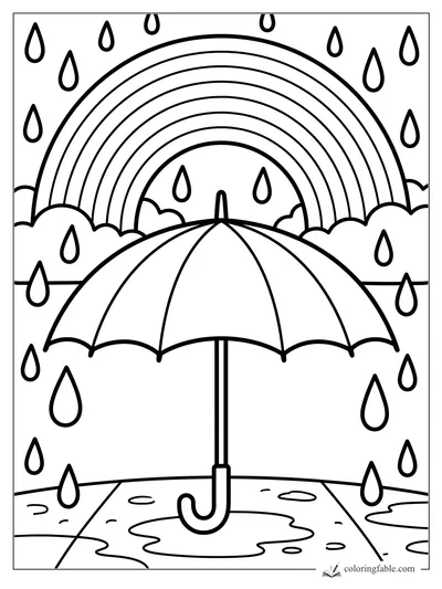 Easy rainbow coloring page with open umbrella, falling raindrops, clouds, and puddles on a path.