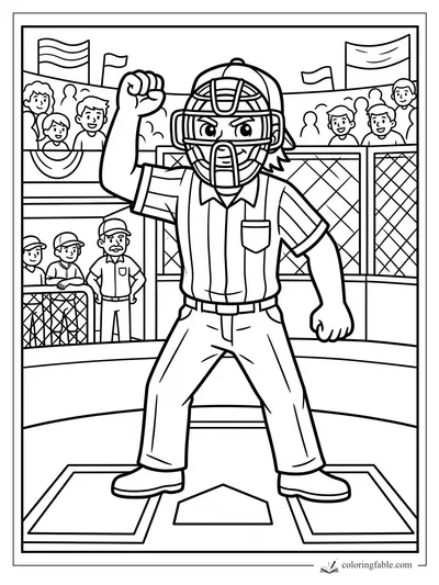 Cartoon baseball umpire raising a fist behind home plate with catcher, fans, flags, and backstop.