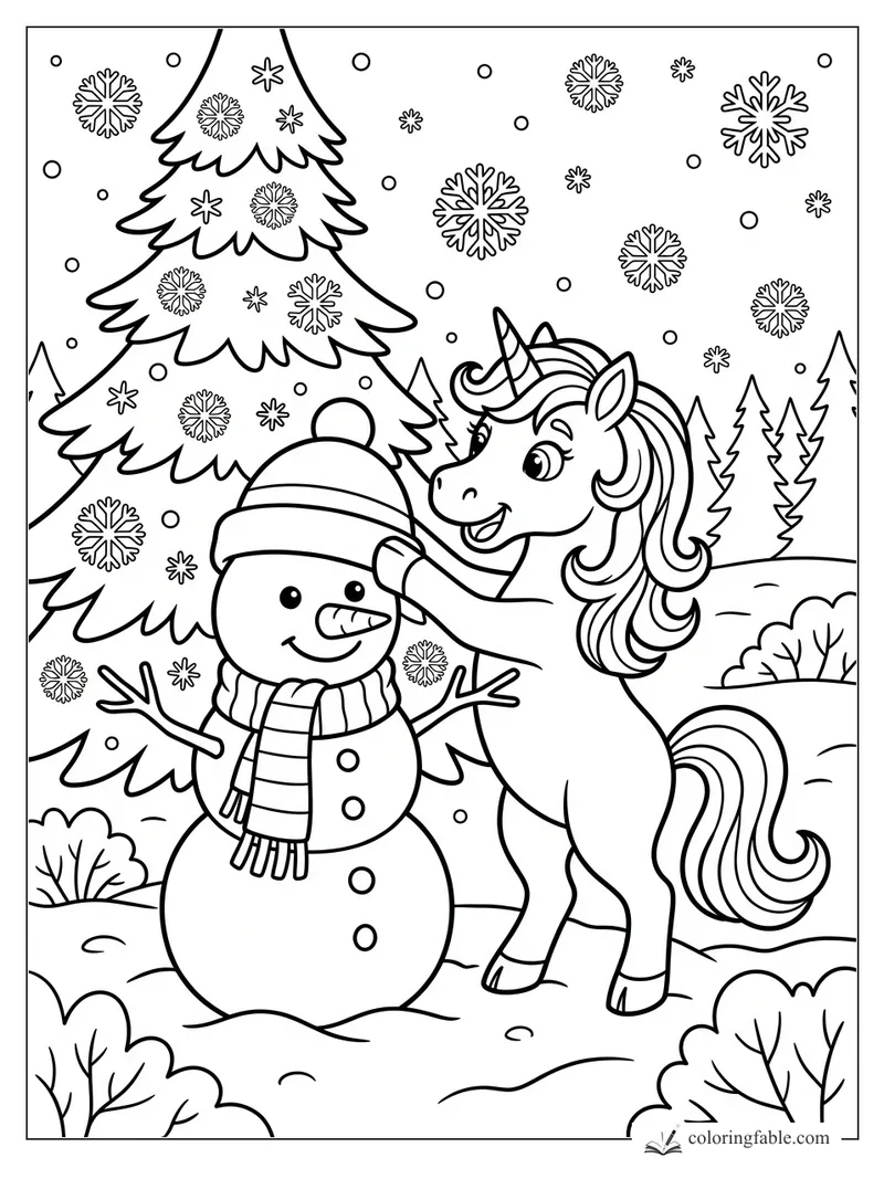 Cartoon unicorn fixing a snowman's knit hat in a snowy pine forest with falling snowflakes.