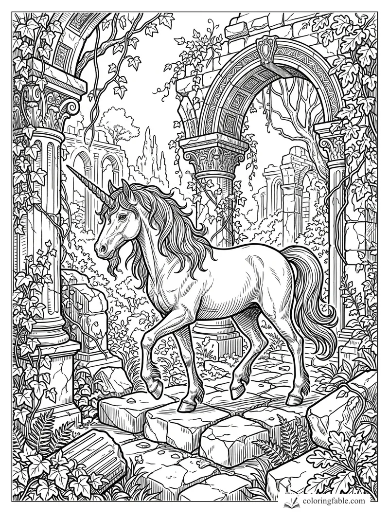 Intricate unicorn coloring page with ivy-covered stone arches, columns, ferns, and broken steps.