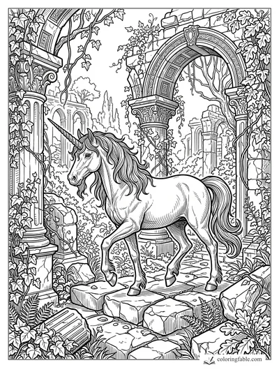 Intricate unicorn coloring page with ivy-covered stone arches, columns, ferns, and broken steps.