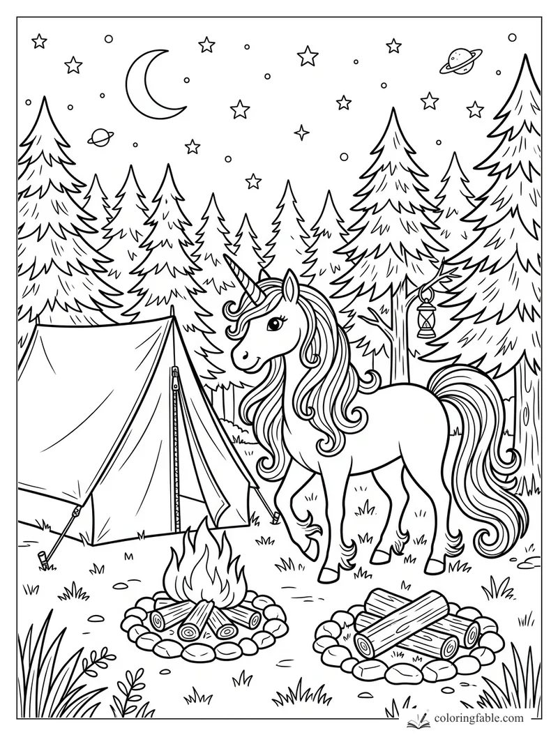 Unicorn beside a tent, campfire, lantern, pine trees, crescent moon, stars, and planets in a forest campsite.