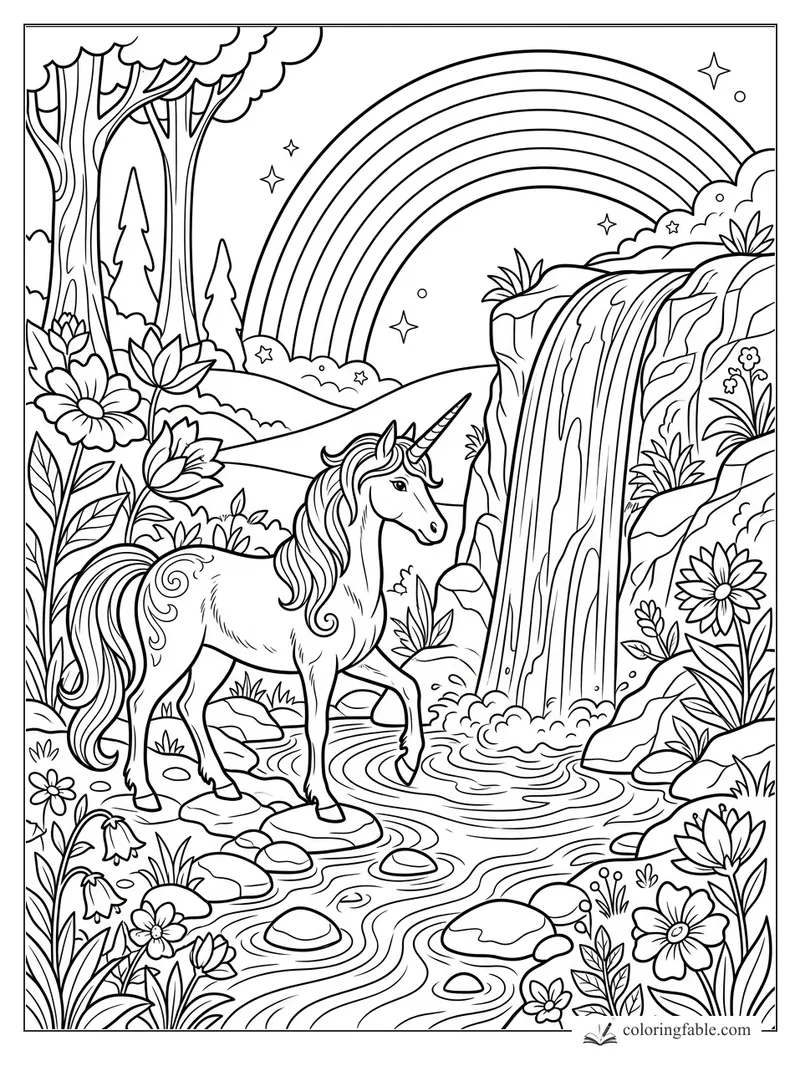 Unicorn stepping through a stream beside a waterfall, flowers, forest trees, stars, and a wide rainbow