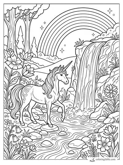 Unicorn stepping through a stream beside a waterfall, flowers, forest trees, stars, and a wide rainbow