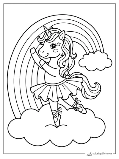 Cartoon unicorn ballerina dancing on a cloud beneath a rainbow, with tutu, ballet shoes, and star cheek