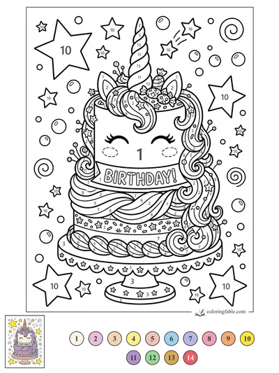 Unicorn Birthday Cake With Stars — color by number