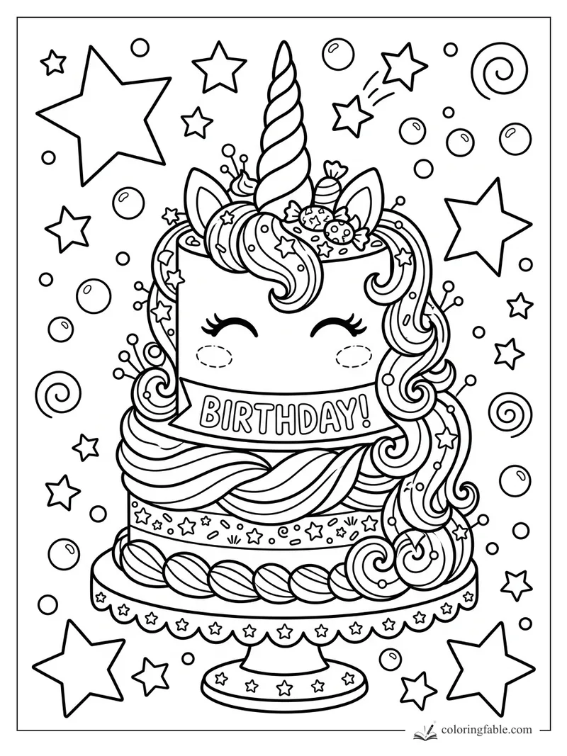 Cartoon unicorn birthday cake with horn, frosting mane, banner, stars, bubbles, and cake stand.
