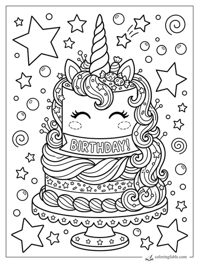 Cartoon unicorn birthday cake with horn, frosting mane, banner, stars, bubbles, and cake stand.