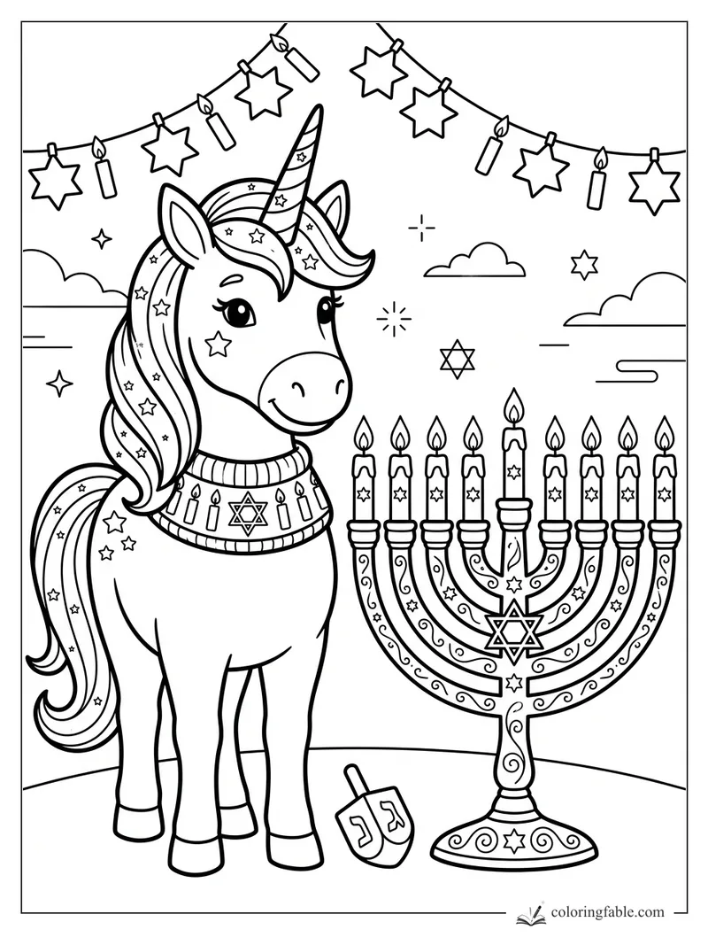 Smiling unicorn with starry mane beside a lit Hanukkah menorah, dreidel, candles, and star garland.