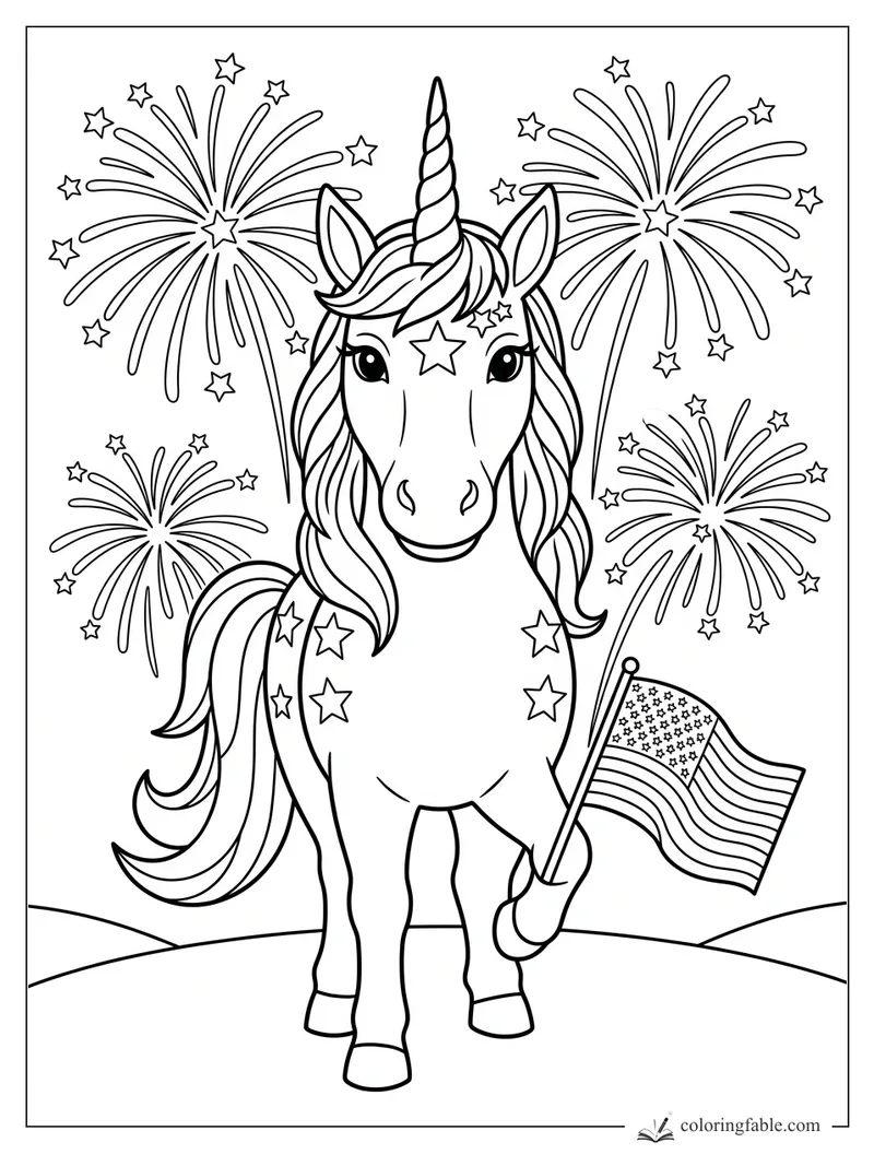 Smiling unicorn holding an American flag with starry fireworks bursting behind it