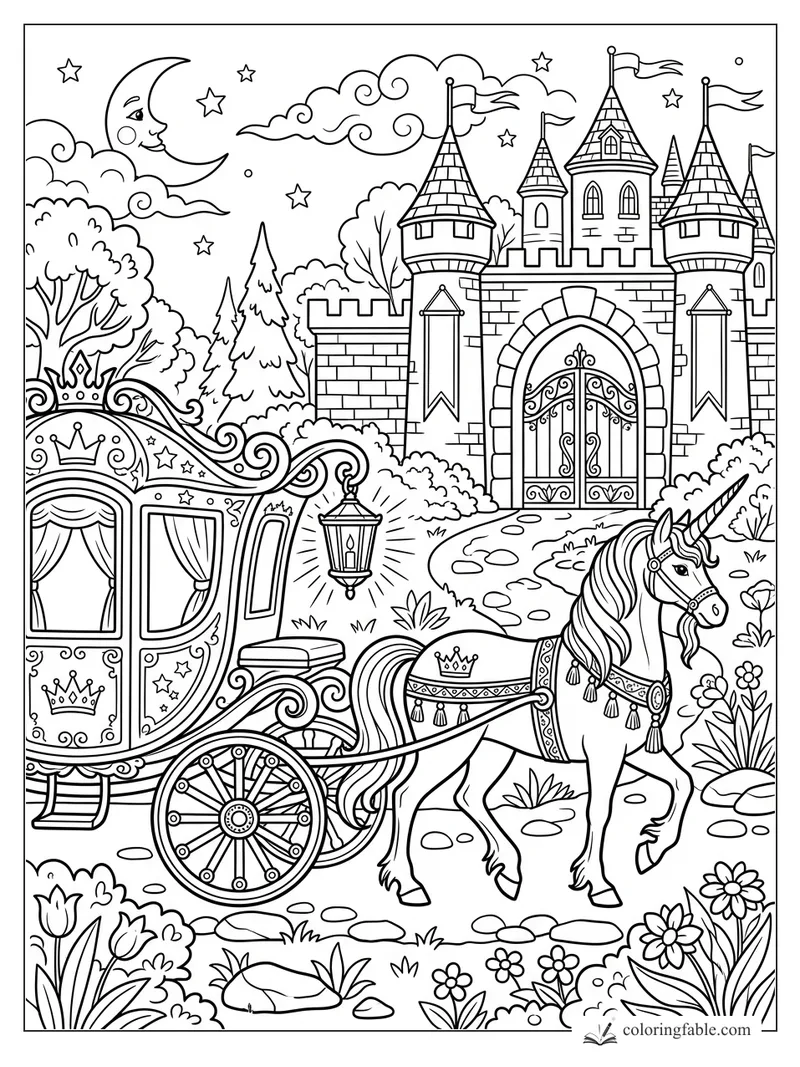 Unicorn pulling a royal coach past a castle gate under a crescent moon and stars