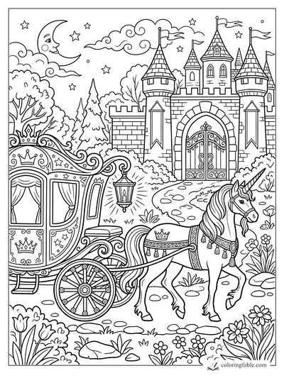 Unicorn pulling a royal coach past a castle gate under a crescent moon and stars