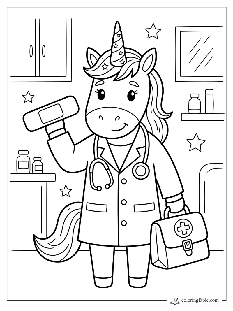 Unicorn doctor holding a bandage and medical bag in a clinic with shelves, bottles, and stars.