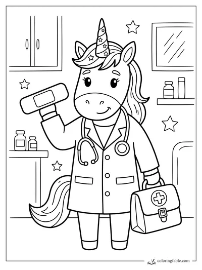 Unicorn doctor holding a bandage and medical bag in a clinic with shelves, bottles, and stars.