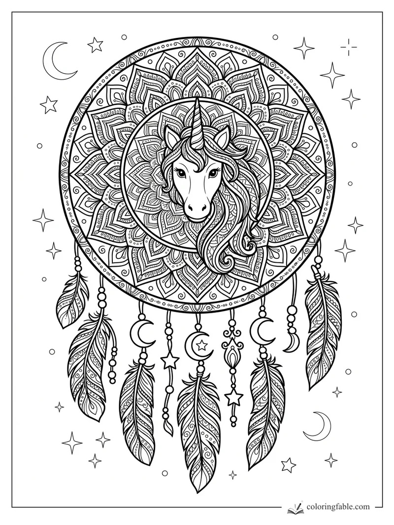 Intricate unicorn head inside a dreamcatcher mandala with feathers, moons, beads, and stars