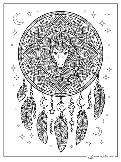 Intricate unicorn head inside a dreamcatcher mandala with feathers, moons, beads, and stars