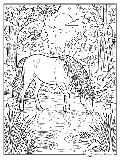 Realistic unicorn drinking from a pond with cattails, lily pads, forest trees, moon and stars.