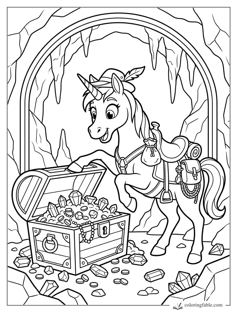 Cartoon unicorn with saddle and feather hat finding an open treasure chest in a crystal cave