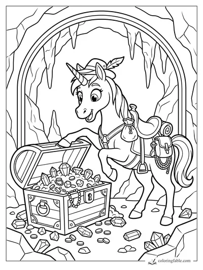 Cartoon unicorn with saddle and feather hat finding an open treasure chest in a crystal cave