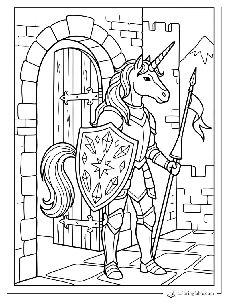 Armored unicorn guard with shield and spear standing by an arched castle door