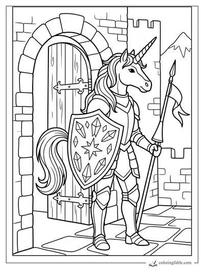 Armored unicorn guard with shield and spear standing by an arched castle door