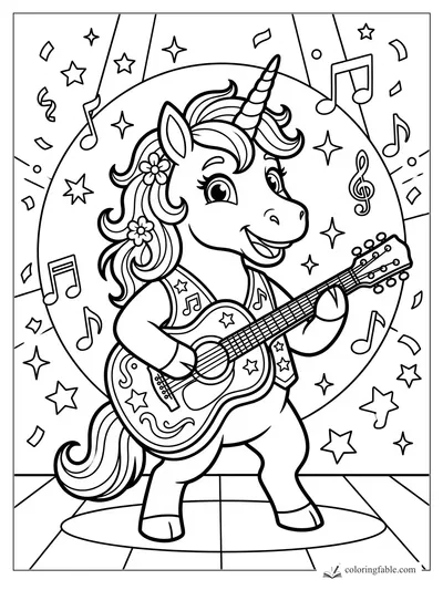 Cartoon unicorn playing a star-decorated guitar onstage with music notes, confetti, and spotlights.