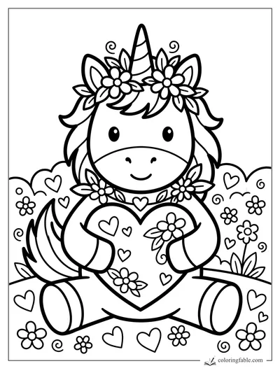 Cute unicorn coloring page with flower crown, big heart, hearts, flowers, and curly swirls.