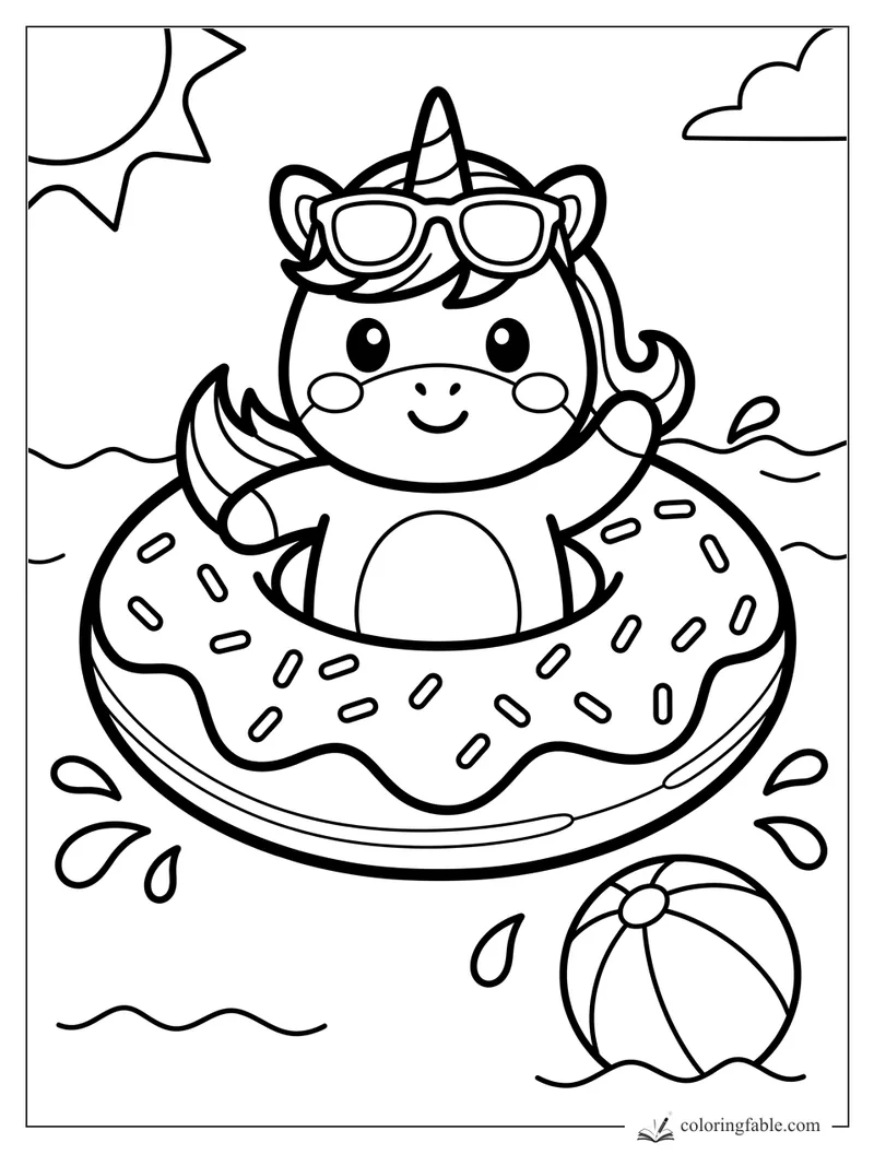 Smiling unicorn wearing sunglasses in a sprinkle donut float with sun, waves, splashes, and beach ball