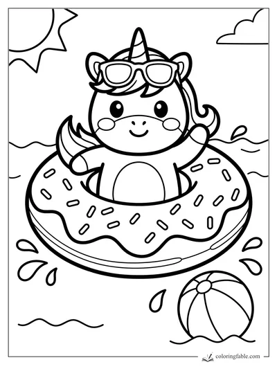 Smiling unicorn wearing sunglasses in a sprinkle donut float with sun, waves, splashes, and beach ball