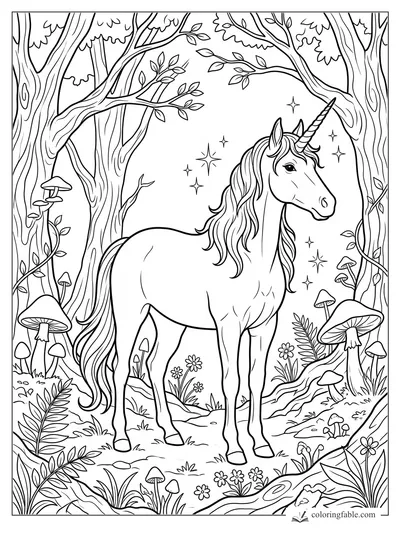 Realistic unicorn standing among twisting forest trees, mushrooms, ferns, flowers, and small stars