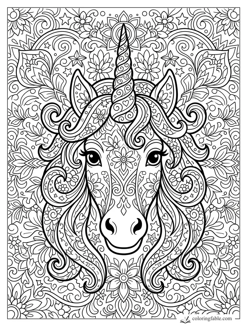 Unicorn face mandala with a spiral horn, flowing mane, flowers, stars, hearts, and leafy swirls.